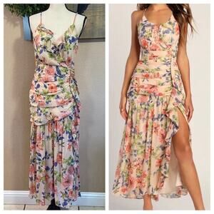NWOT Lulus Stunning Soiree Pink Floral Print Ruched Midi Dress